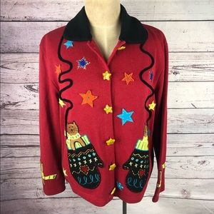 ONQUE Casuals Red Christmas Cat Sweater- Embroidered Sz Medium